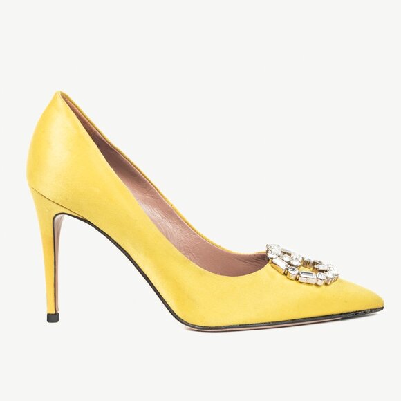 Gucci Yellow Raso Seta Crystal-GG Pointed-Toe Pumps - Picture 1 of 10